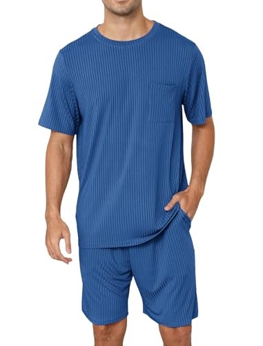 EISHOPEER Mens Pajama Set Kint Ribbed Sleepwear Nightwear Soft Short Sleeve Crew-Neck Pjs Sleep Set With Pockets Peacock BlueLarge - Image 1