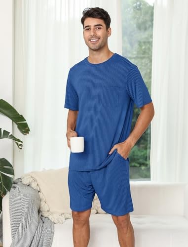 EISHOPEER Mens Pajama Set Kint Ribbed Sleepwear Nightwear Soft Short Sleeve Crew-Neck Pjs Sleep Set With Pockets Peacock BlueLarge - Image 4