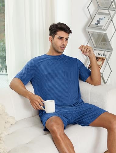 EISHOPEER Mens Pajama Set Kint Ribbed Sleepwear Nightwear Soft Short Sleeve Crew-Neck Pjs Sleep Set With Pockets Peacock BlueLarge - Image 5