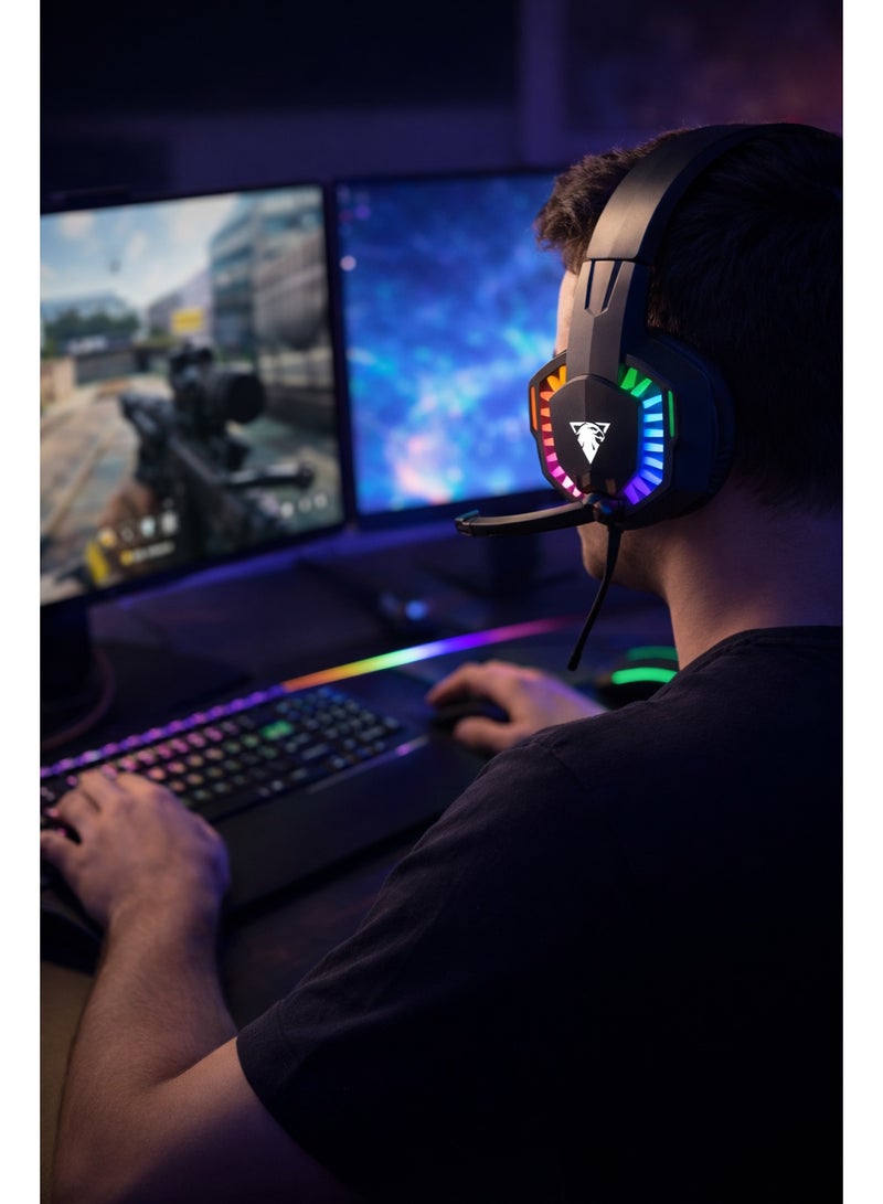 جي ديل سماعات رأس للألعاب من JeDel RGB مع ميكروفون مانع للضوضاء | سماعة رأس سلكية فوق الأذن بصوت محيطي 360 درجة لأجهزة الكمبيوتر الشخصية والكمبيوتر المحمول وPS4 والهواتف المحمولة | معدات ألعاب بصوت جهير عميق مع وسادات أذن ناعمة. - Image 3