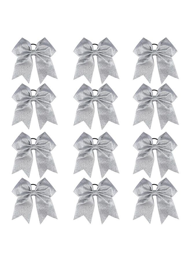 DEEKA 12 PCS 7" Large Glitter Cheer Bows Shiny Cheer Hair Bows Ponytail Holder Handmade for Cheerleader Girls Softball Sports -Silver - Image 1