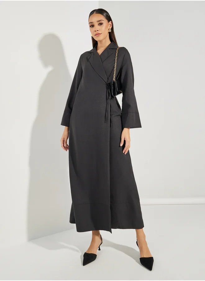 Styli Styli Notch Lapel Wrap Abaya with Tie Waist