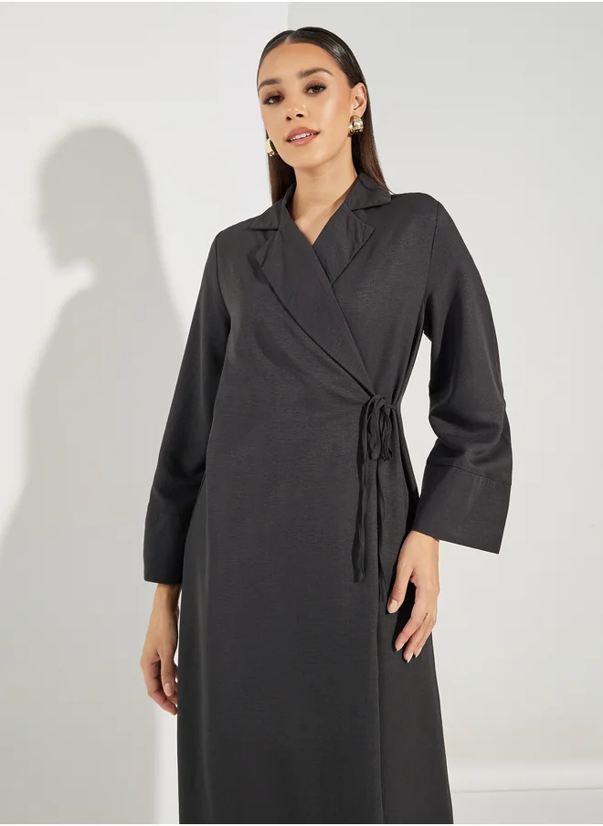 Styli Styli Notch Lapel Wrap Abaya with Tie Waist