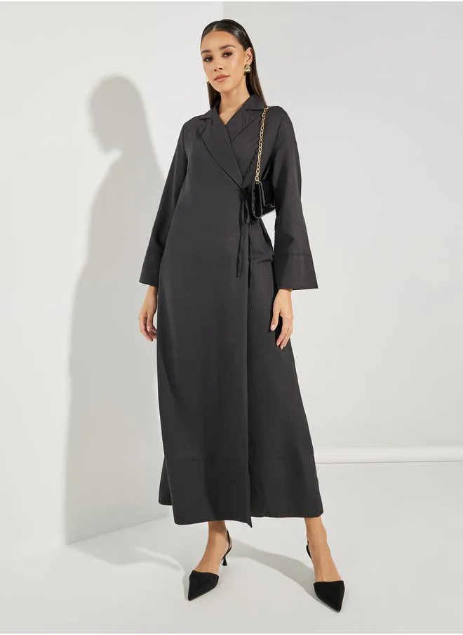 ستايلي Notch Lapel Wrap Abaya with Tie Waist