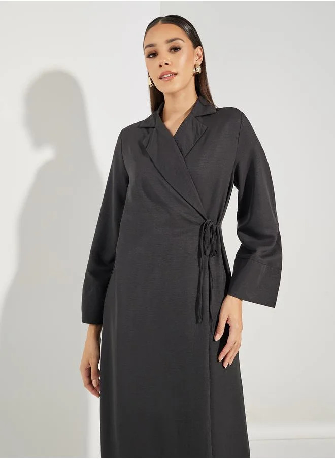 ستايلي Notch Lapel Wrap Abaya with Tie Waist