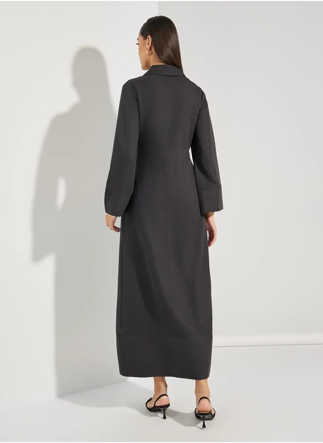 Styli Notch Lapel Wrap Abaya with Tie Waist