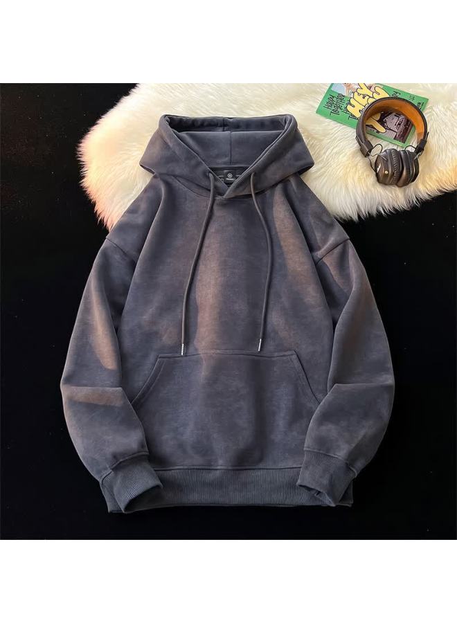 Vuug American Vintage Tie-dye Autumn Winter Loose Fit Couple Men's Hoodie M Carbon Gray No Print Fleece Lined
