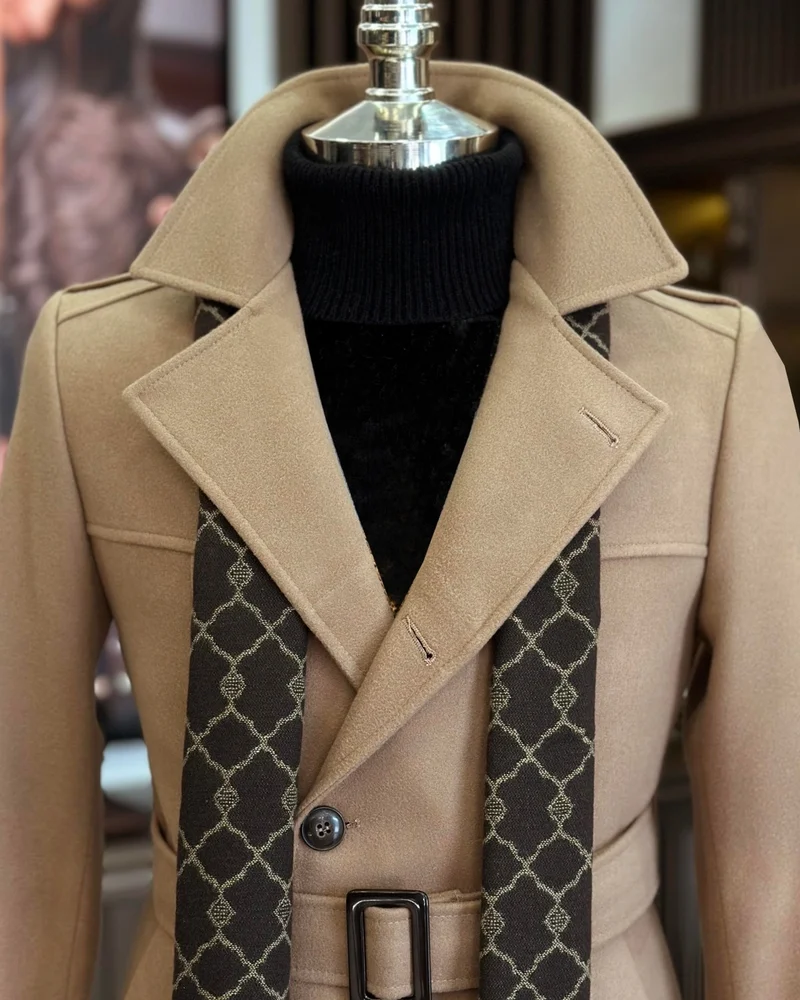 ترزي اددم Italian Style Men's Short Cashmere Trench Coat Jacket Camel T10076