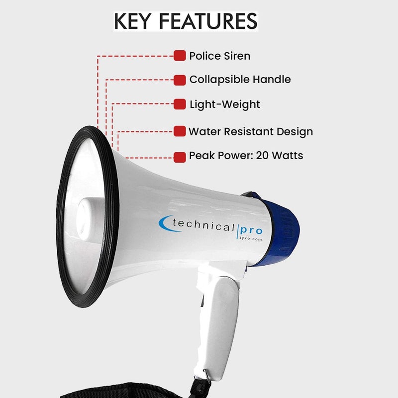 Technical Pro Technical Pro 20 Watts Lightweight Portable 300M Range White and Blue Megaphone Bullhorn with Strap, Siren, and Volume Control, Good for Trainers, Soccer, Football, Baseball, Coaches  - Image 2