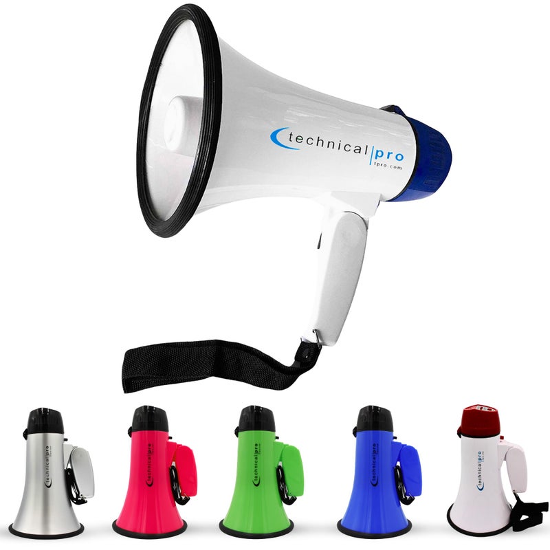 Technical Pro Technical Pro 20 Watts Lightweight Portable 300M Range White and Blue Megaphone Bullhorn with Strap, Siren, and Volume Control, Good for Trainers, Soccer, Football, Baseball, Coaches  - Image 1