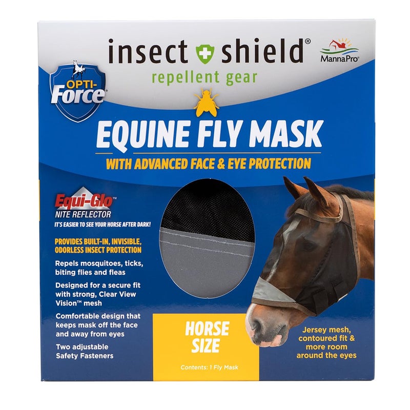 Manna Pro Opti-Force Horse Fly Mask - Insect Shield Repellent UV Protected Clear-View Mesh, Permethrin Treatment, Reflective Night Vis, Lightweight No-Ears Design, Standard Size, Adjustable Straps - Image 1