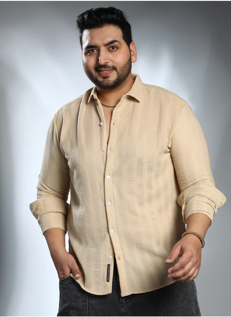 انستافاب بلس Instafab Plus Men's Buff Beige Intertwine-Stripe Shirt For Casual Wear | Spread Collar | Long Cuffed Sleeves | Button Closure | Plus Size Shirt Crafted With Comfort Fit For Everyday Wear