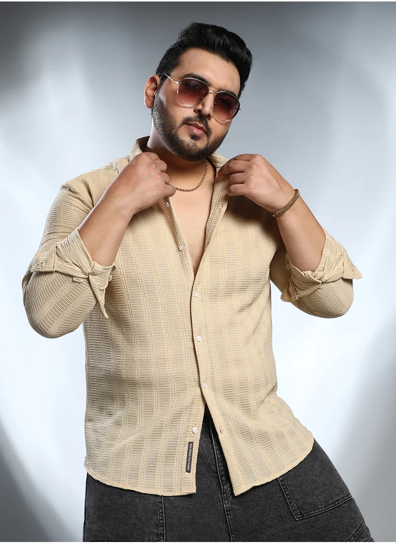 انستافاب بلس Instafab Plus Men's Buff Beige Intertwine-Stripe Shirt For Casual Wear | Spread Collar | Long Cuffed Sleeves | Button Closure | Plus Size Shirt Crafted With Comfort Fit For Everyday Wear