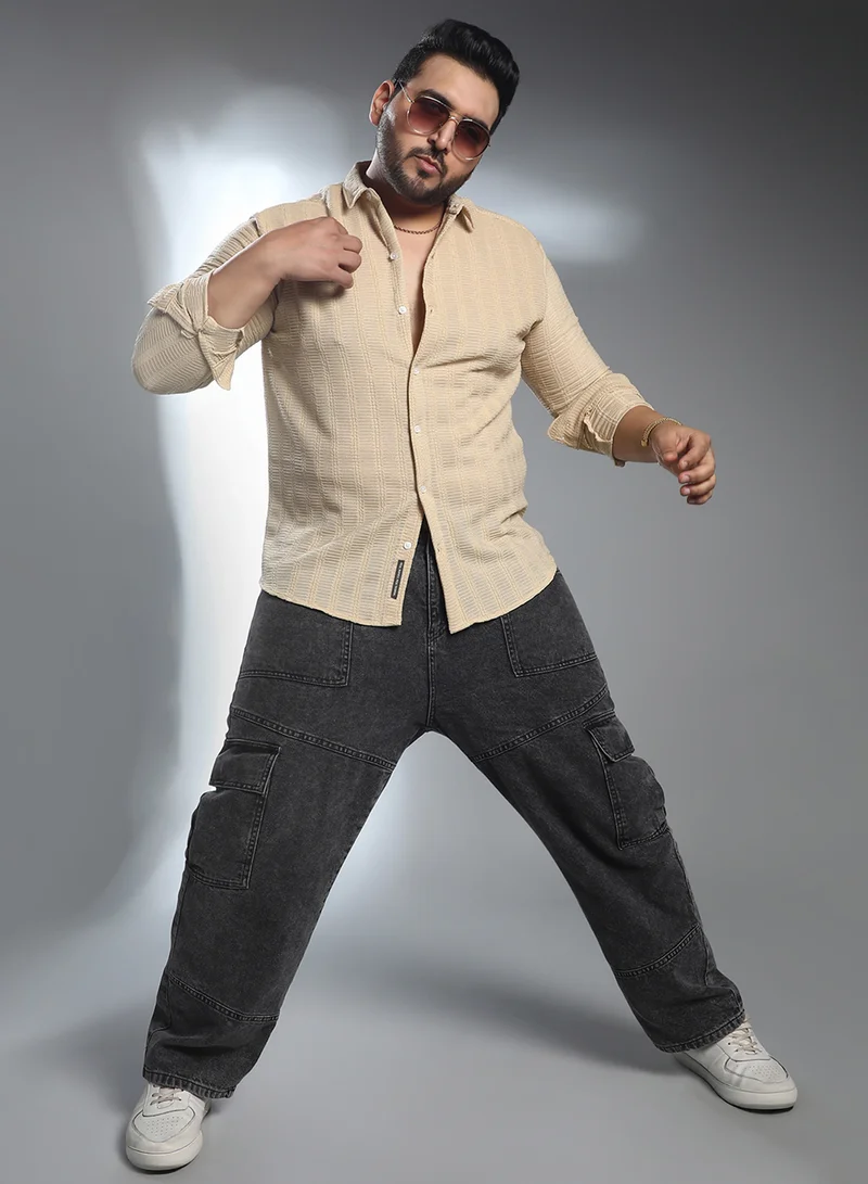 Instafab Plus Instafab Plus Men's Buff Beige Intertwine-Stripe Shirt For Casual Wear | Spread Collar | Long Cuffed Sleeves | Button Closure | Plus Size Shirt Crafted With Comfort Fit For Everyday Wear