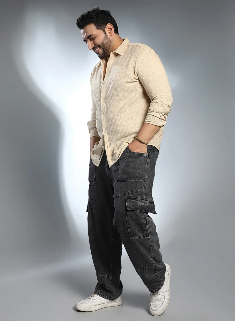 Instafab Plus Instafab Plus Men's Buff Beige Intertwine-Stripe Shirt For Casual Wear | Spread Collar | Long Cuffed Sleeves | Button Closure | Plus Size Shirt Crafted With Comfort Fit For Everyday Wear