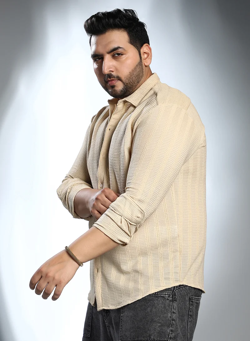 Instafab Plus Instafab Plus Men's Buff Beige Intertwine-Stripe Shirt For Casual Wear | Spread Collar | Long Cuffed Sleeves | Button Closure | Plus Size Shirt Crafted With Comfort Fit For Everyday Wear