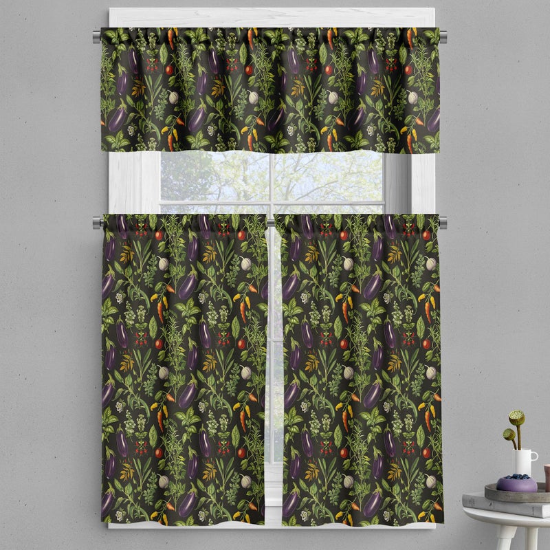 Ambesonne Vegetables Valance & Tier Curtain 3 pcs Set  Eat Your Veggies Paint Print with Eggplant Garlic Mint and Tomato  Window Treatments for Kitchen Room Decor  55"" x 36""  Orange Fern Green Black - Image 1