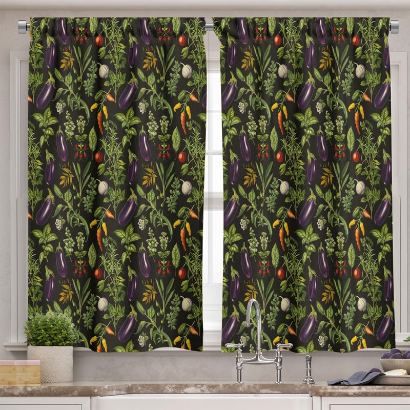 Ambesonne Vegetables Valance & Tier Curtain 3 pcs Set  Eat Your Veggies Paint Print with Eggplant Garlic Mint and Tomato  Window Treatments for Kitchen Room Decor  55"" x 36""  Orange Fern Green Black - Image 2