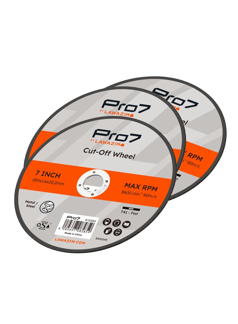 LAWAZIM Pro7 Cutting Disc for Metal & Steel - 3 Piece 7inch (180x1.6mm) - Thin Cut Off Cutting Wheel Set with 7/8" Arbor - for Metal, Inox, Pipes, Sheet Metal, Rods, Profiles, and Precision Cutting - Image 1