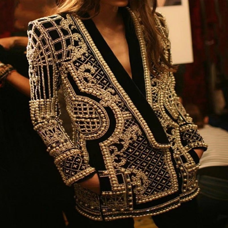 French Retro European and American V-neck Long Sleeve Thickened Mid-length Suit Top Bubble Bead Printed Bead Jacket for Women steel color - Image 3