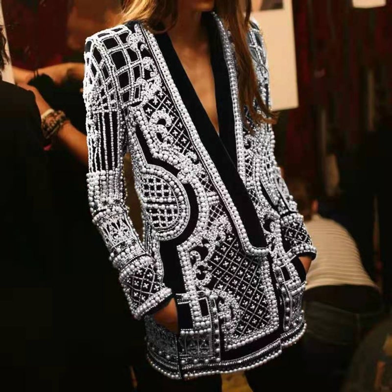 French Retro European and American V-neck Long Sleeve Thickened Mid-length Suit Top Bubble Bead Printed Bead Jacket for Women steel color - Image 2