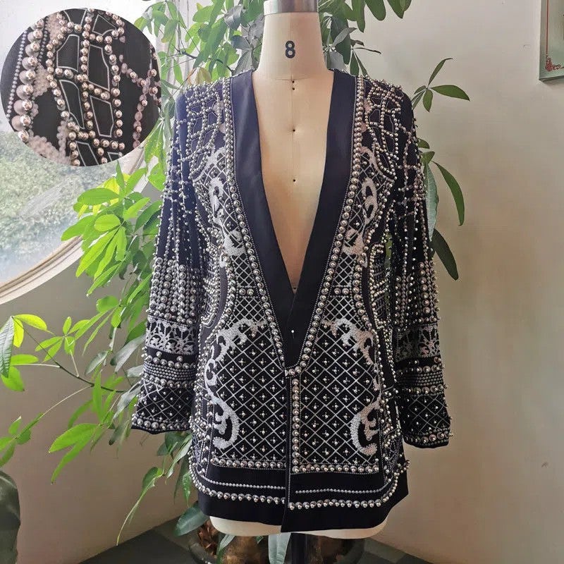 French Retro European and American V-neck Long Sleeve Thickened Mid-length Suit Top Bubble Bead Printed Bead Jacket for Women steel color - Image 1