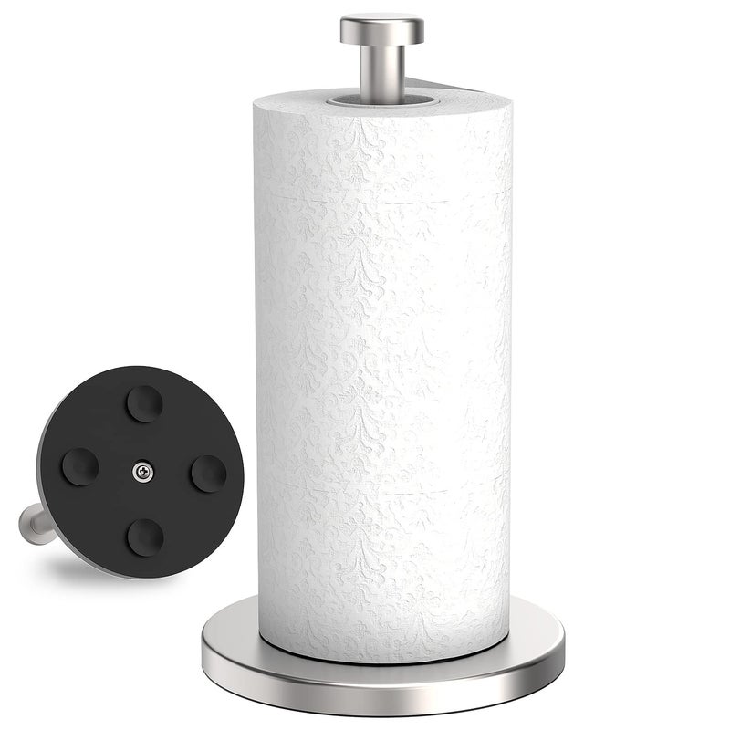 VEHHE Paper Towel Holder Countertop, Stainless Steel Paper Towel Holder Stand with Weighted Base Suction Cups, Standing Paper Towel Roll Holder for Kitchen Bathroom (Silver) - Image 1