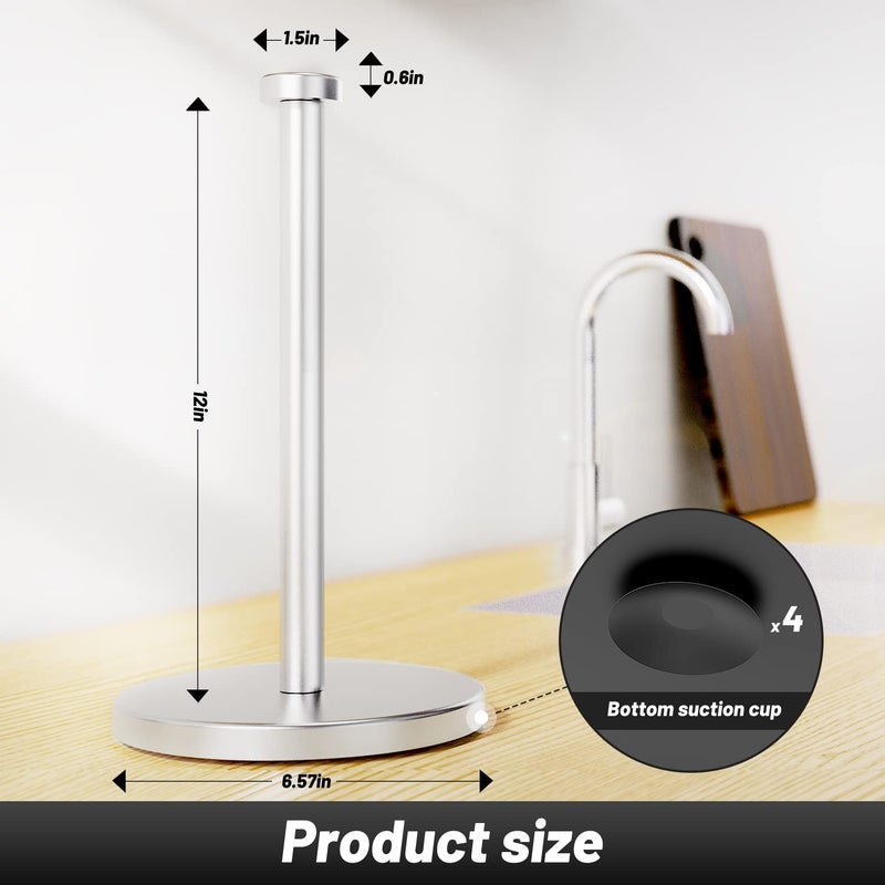 VEHHE Paper Towel Holder Countertop, Stainless Steel Paper Towel Holder Stand with Weighted Base Suction Cups, Standing Paper Towel Roll Holder for Kitchen Bathroom (Silver) - Image 3