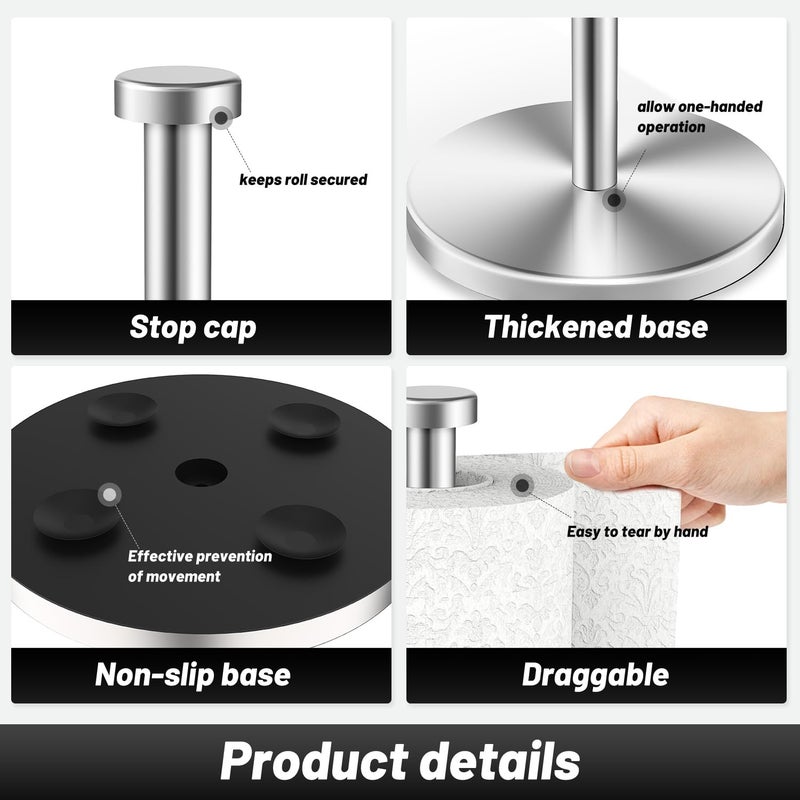 VEHHE Paper Towel Holder Countertop, Stainless Steel Paper Towel Holder Stand with Weighted Base Suction Cups, Standing Paper Towel Roll Holder for Kitchen Bathroom (Silver) - Image 4