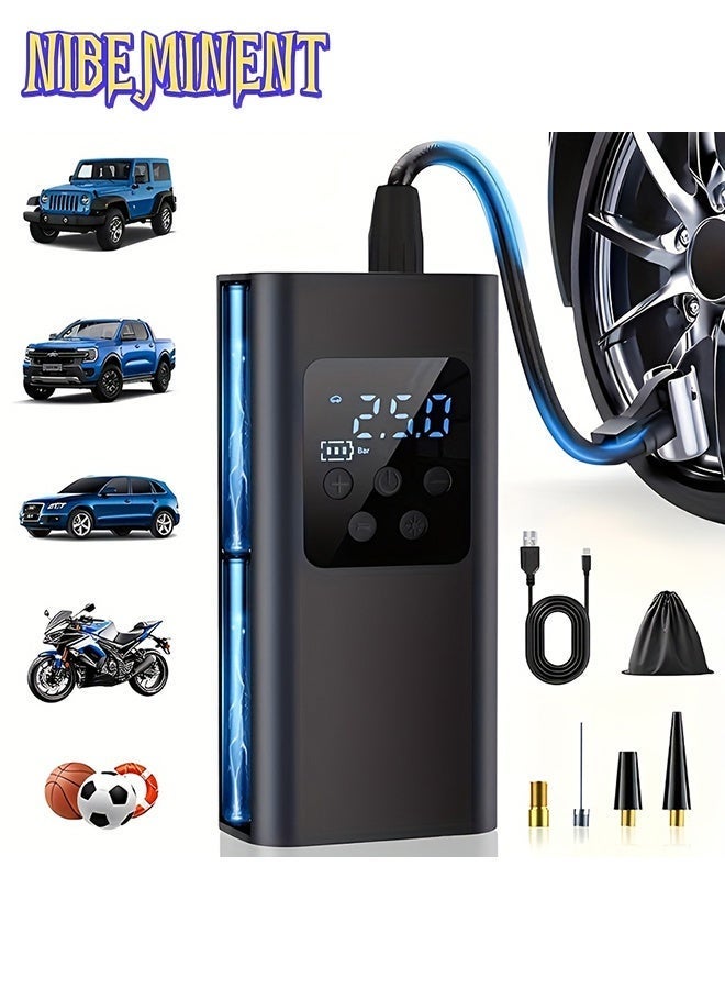 NIBEMINENT Mini Wireless Tire Inflator | Portable Digital Display Air Compressor with Rechargeable Battery And LED Light, Suitable for Cars, Motorcycles, Bicycles, And Balls | Ideal for Outdoor Enthusiasts And Sports Lovers, USB Charging, Durable Design - Image 1