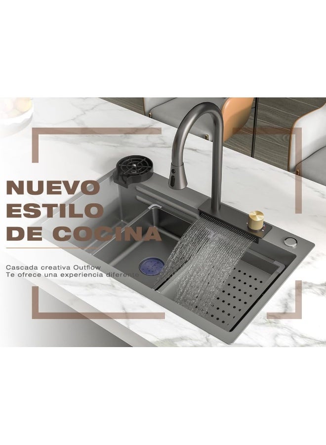 MEJE 75Ã—45CM Upgraded Superior Stainless Steel Kitchen Sink With Cup Washer, Integrated Waterfall & Pull-down Faucet Set - Image 2