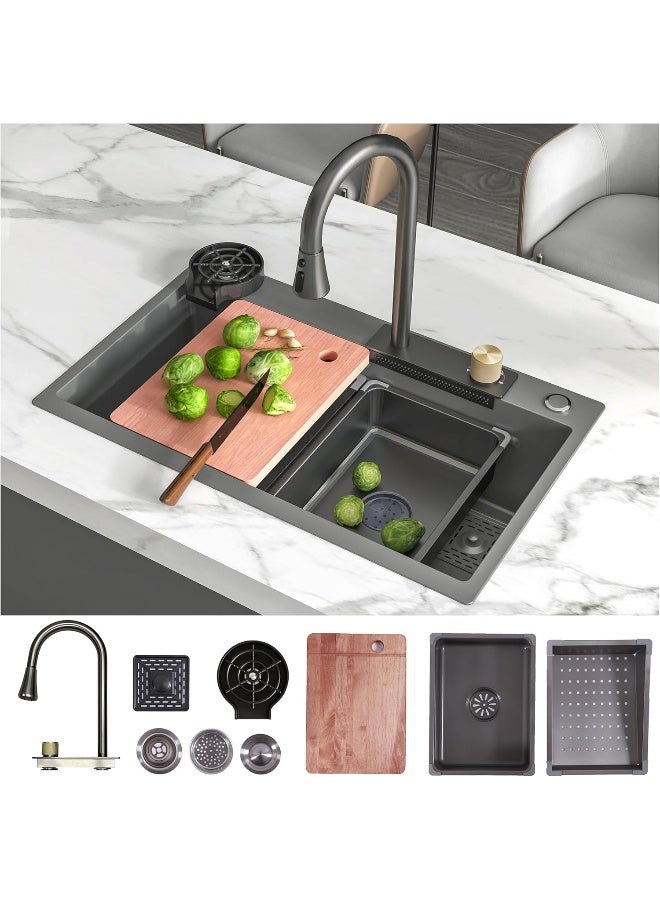 MEJE 75Ã—45CM Upgraded Superior Stainless Steel Kitchen Sink With Cup Washer, Integrated Waterfall & Pull-down Faucet Set - Image 1