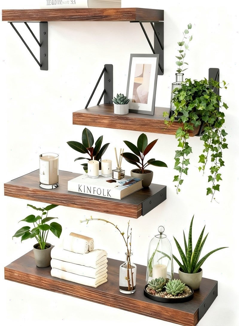 Pomefar 4PCS Wall Mounted Floating Shelves , Strong Wooden Rack Display Shelf,  Space-Saving Storage Organizer for Home Living Room & Bedroom (Brown) - Image 1