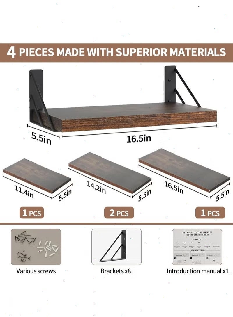 Pomefar 4PCS Wall Mounted Floating Shelves , Strong Wooden Rack Display Shelf,  Space-Saving Storage Organizer for Home Living Room & Bedroom (Brown) - Image 2