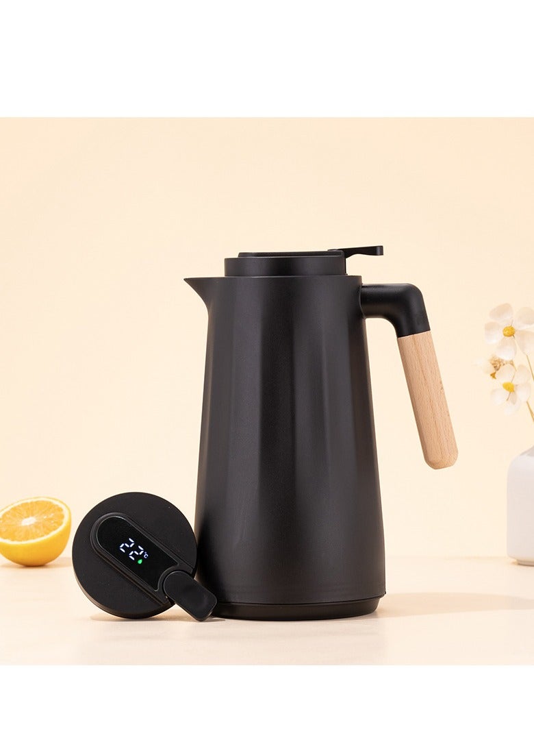 1 liter thermos bottle with temperature display glass red guts - wooden handle, 5 colors