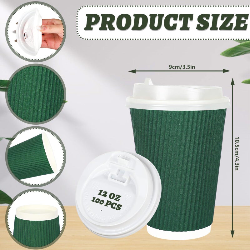 Whaline 100Pcs Sage Green Disposable Coffee Cups with Lids 12oz Gradient Green Paper Cups Corrugated Ripple Wall Insulated Hot Cups for Home Office Party Supplies - Image 2