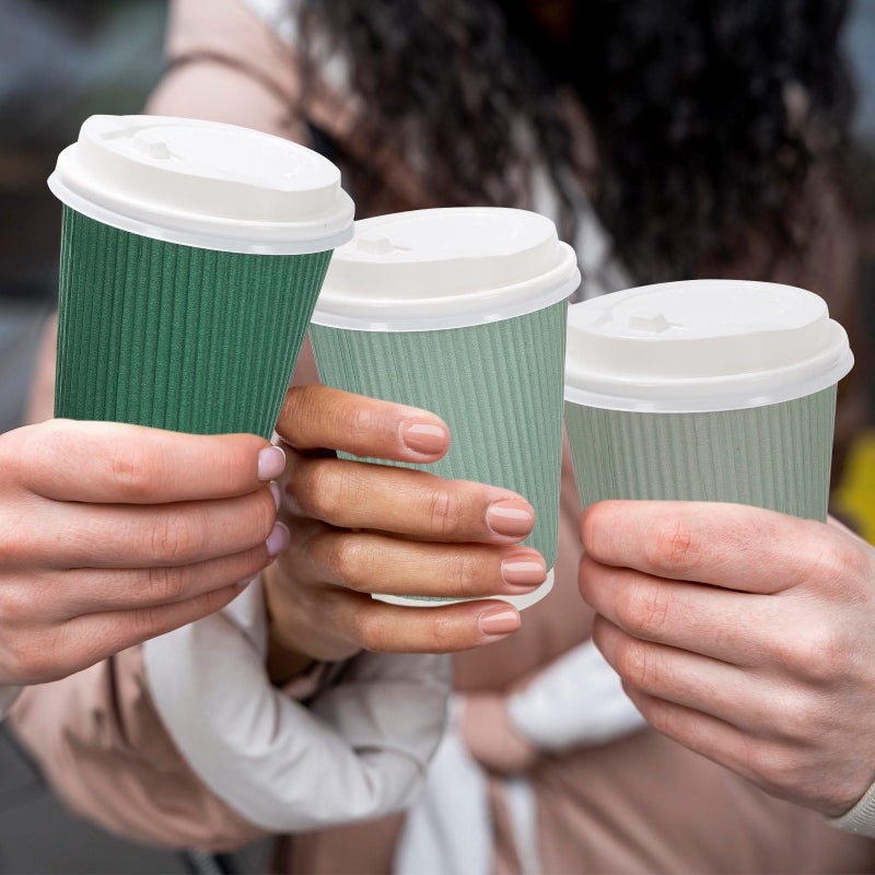 Whaline 100Pcs Sage Green Disposable Coffee Cups with Lids 12oz Gradient Green Paper Cups Corrugated Ripple Wall Insulated Hot Cups for Home Office Party Supplies - Image 5