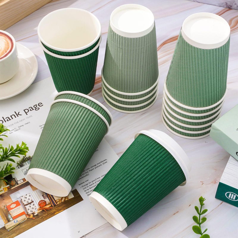 Whaline 100Pcs Sage Green Disposable Coffee Cups with Lids 12oz Gradient Green Paper Cups Corrugated Ripple Wall Insulated Hot Cups for Home Office Party Supplies - Image 3