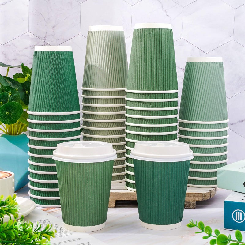 Whaline 100Pcs Sage Green Disposable Coffee Cups with Lids 12oz Gradient Green Paper Cups Corrugated Ripple Wall Insulated Hot Cups for Home Office Party Supplies - Image 4