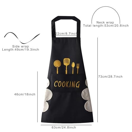 DILLMAN Women Kitchen Apron with Hand Wipe Pockets，Big Pocket,Hand-wiping, Waterproof for Cooking Baking (BLACK) - Image 2