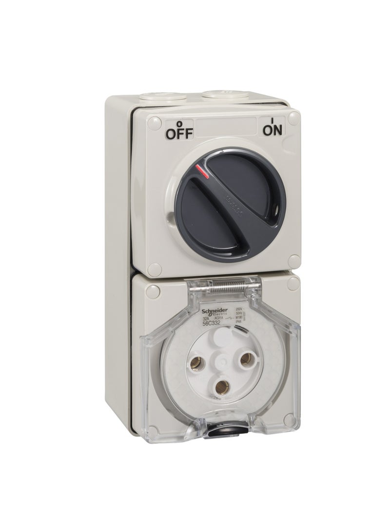 Schneider Electric WPS Switch Socket, 32A, 250V, 3-Phase, 3-Pole, Round Pin, IP66 - S56C332GY