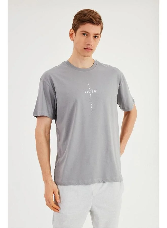 Mmetalic Leo Men’s Oversize T-Shirt 100% Cotton Crew Neck Print-Detailed Basic Grey T-Shirt