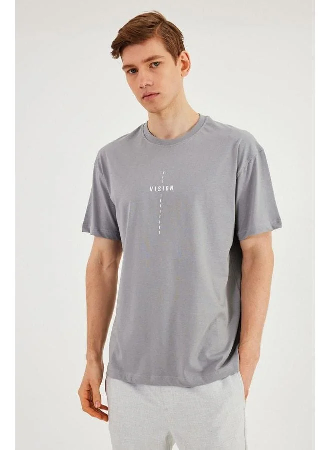 Mmetalic Leo Men’s Oversize T-Shirt 100% Cotton Crew Neck Print-Detailed Basic Grey T-Shirt
