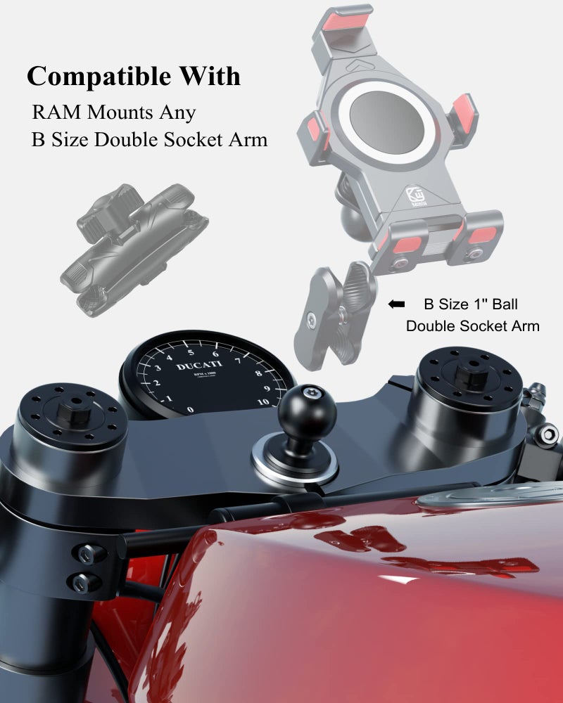 BRCOVAN Metal Motorcycle Fork Stem Mount Base with 1'' TPU Ball for Stem Holes 12mm to 25.4mm in Diameter, Compatible with RAM Mounts B Size 1 Inch Ball Double Socket Arm - Image 3