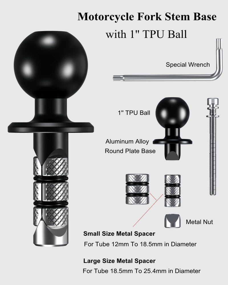 BRCOVAN Metal Motorcycle Fork Stem Mount Base with 1'' TPU Ball for Stem Holes 12mm to 25.4mm in Diameter, Compatible with RAM Mounts B Size 1 Inch Ball Double Socket Arm - Image 4