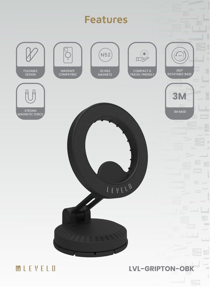 LEVELO Gripton MagSafe Car Phone Holder / Compact and Travel Friendly / Phone Mount / Mobile Phone Holder with Strong Magnets / 360 Degree Rotatable Base - Onyx Black  - Image 2