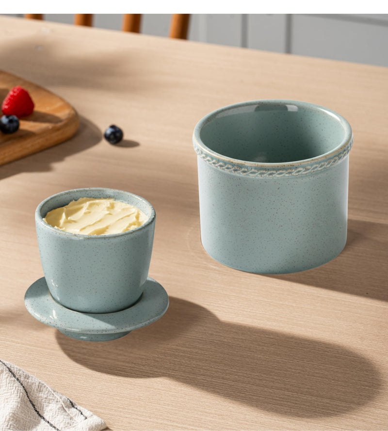 Jersinwei Butter Crock with Lid, Ceramic Butter Crock for Spreadable Soft Butter, Vintage Chain-Rim Design, Home and Kitchen Decor, Housewarming Gift, Speckled Blue - Image 5