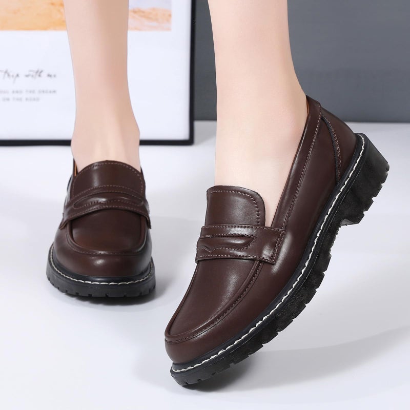 XMM Loafers for Women Chunky Loafer Shoes Penny Loafers Flats Lug Sole Lightweight Slip On Ladies Shoes Business Casual Dressy Comfortable Office Shoes Brown US 7.5 - Image 3