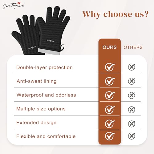PrettyCare Extra Long 14in Silicone Oven Mitts, Waterproof & Non-Slip Oven Gloves with Fingers,Cotton Lined Silicone Oven Gloves Kitchen Mitts-Heat Resistant for Baking Cooking BBQ（Black - Image 5