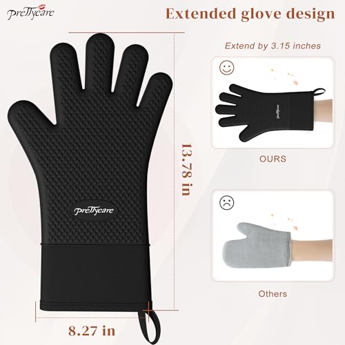 PrettyCare Extra Long 14in Silicone Oven Mitts, Waterproof & Non-Slip Oven Gloves with Fingers,Cotton Lined Silicone Oven Gloves Kitchen Mitts-Heat Resistant for Baking Cooking BBQ（Black - Image 4